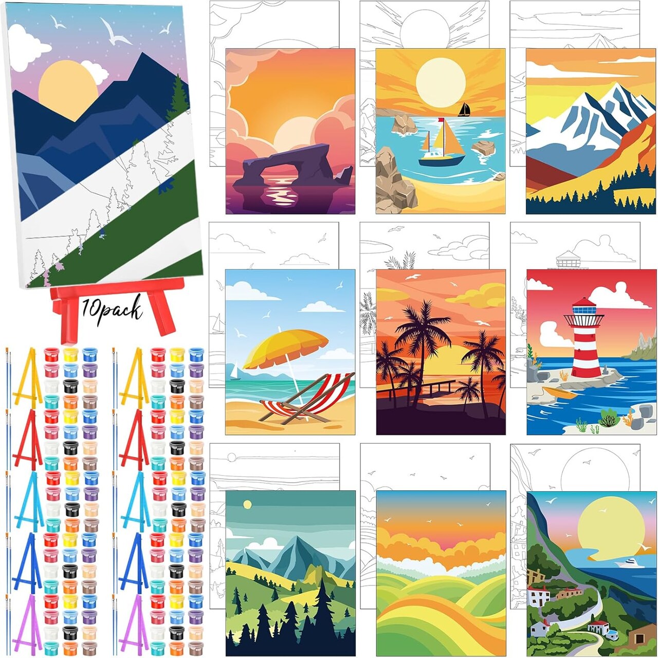 10-Set Pre Drawn Canvas Painting Kit with Easels – 5" x 7" Summer Theme Pre Printed Panels, Acrylic Paints & Brushes – DIY Craft, Beginner-Friendly, Party Favor, Home Decor (Summer Color)